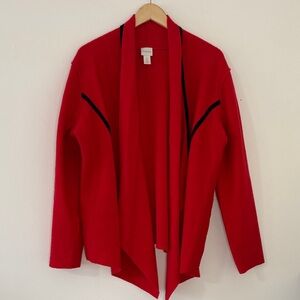 Chico’s Red 100% Wool Waterfall Blazer Black Trim Statement Jacket Workwear 3 XL